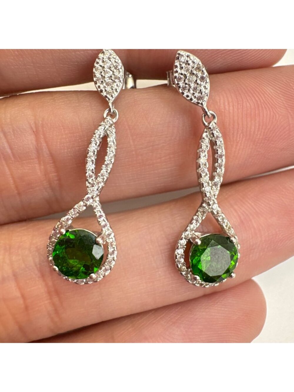 Green Garnet & Cubic Zirconia Sterling Silver 925 Dangle Earrings Size 1" Length